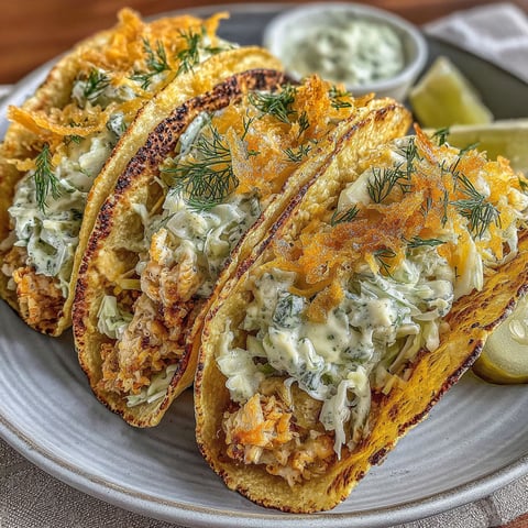 A plate of Dill Pickle Ranch Chicken Tacos with Crispy Cheese Lace.
