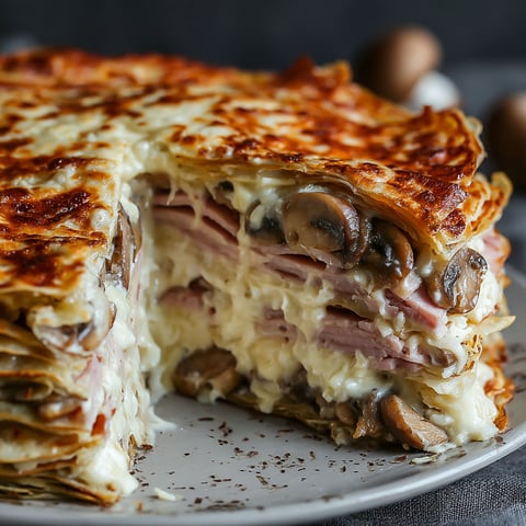 A slice of a crepe pie with mushrooms and ham.