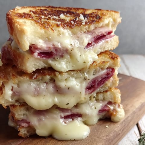 A stack of cheesy ham toasters.