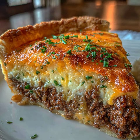A slice of cheeseburger pie on a plate.