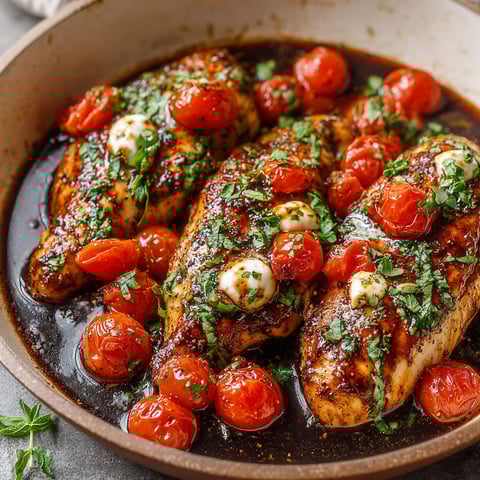 A dish of baked chicken with tomatoes and herbs.
