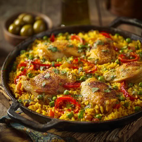 A pan of rice with chicken and peppers.