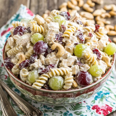 A bowl of cashew chicken rotini salad.