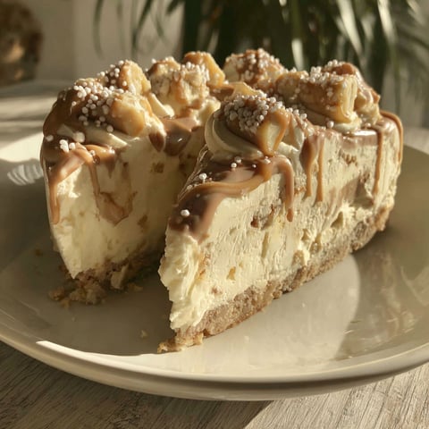 A slice of cheesecake with caramel drizzle.