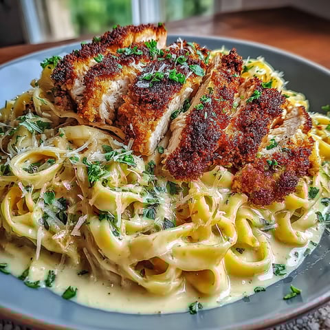 A plate of Crispy Chicken Alfredo with Creamy Garlic Parmesan Pasta.