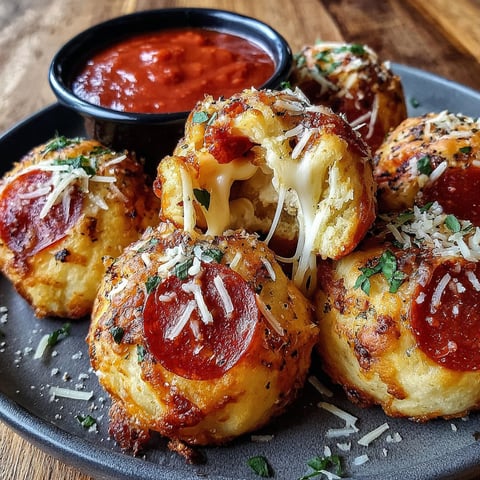 A plate of cheesy pepperoni pizza bombs.