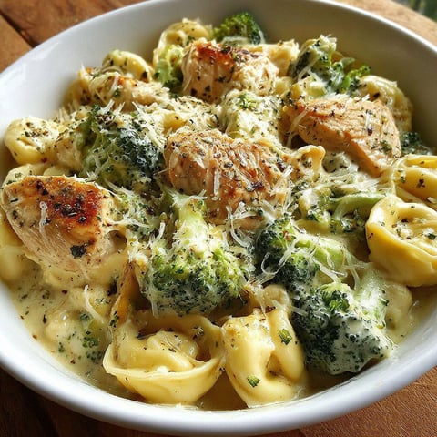 A bowl of chicken Alfredo tortellini.