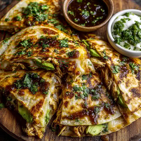 Chicken, Pepper & Avocado Quesadillas with Fresh Cilantro Salsa.