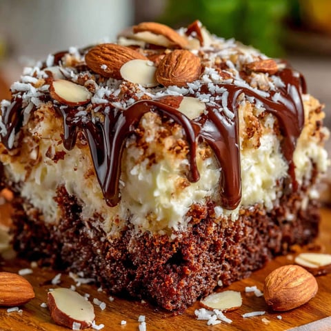 A slice of Almond Joy Poke Cake.