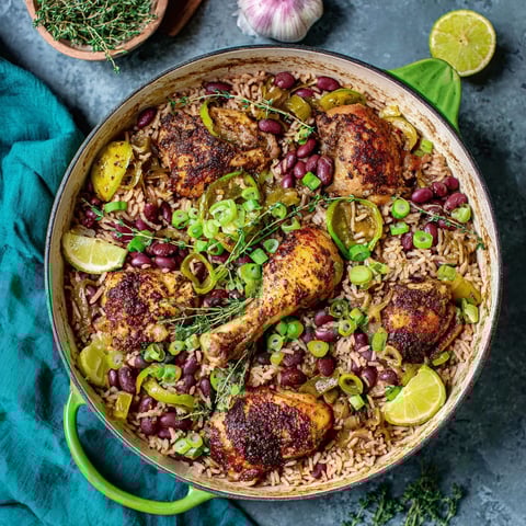 A dish of jerk chicken rice and peas.