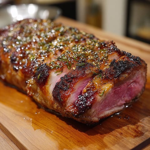 A piece of meat is on a wooden cutting board.