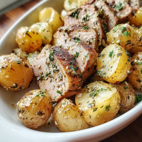 A plate of roasted potatoes with meat on top.