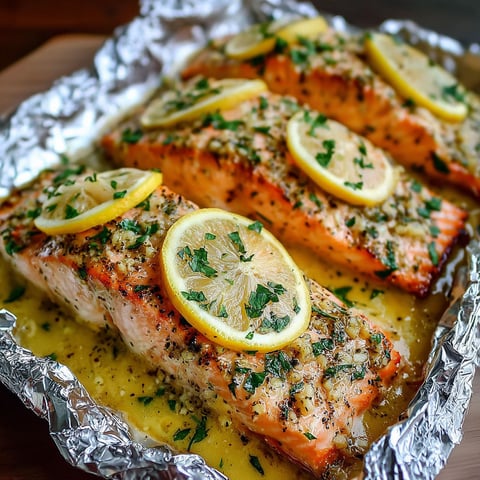 Baked salmon in foil with lemon and herbs.