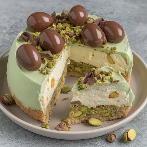 A slice of pistachio easter egg cheesecake.