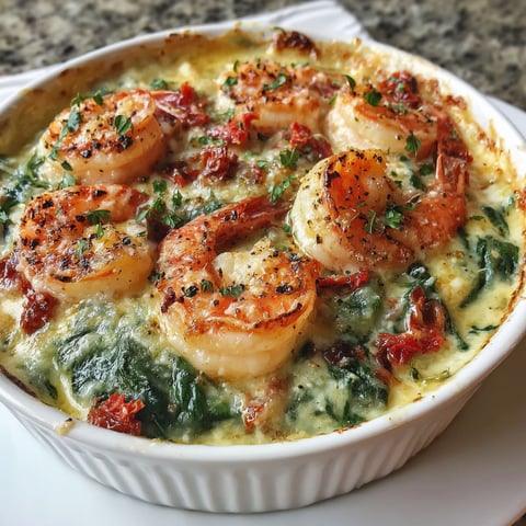 A white bowl filled with a creamy shrimp and spinach dish.