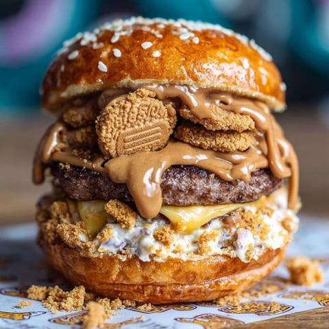 A burger with a cookie on top.