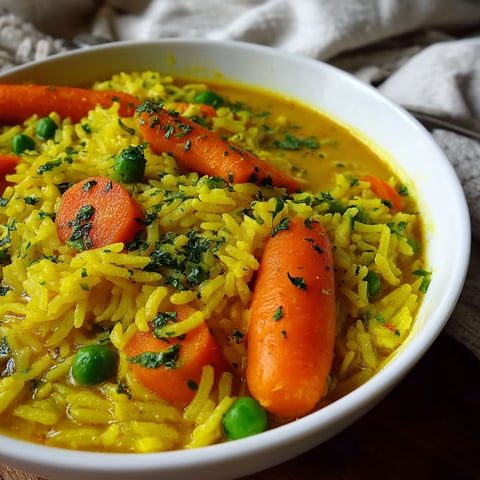 A bowl of curry with rice, peas, and carrots.