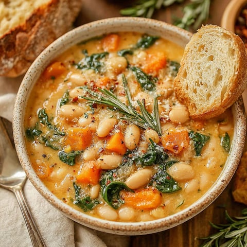 A bowl of soup with a spoon in it.