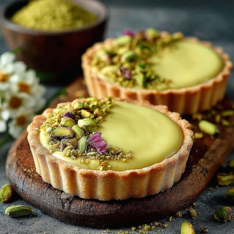 Two mini pistachio tarts on a wooden board.