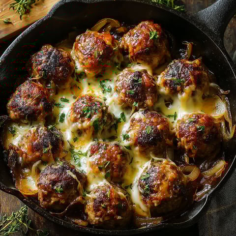 A pan of meatballs with cheese and onions.