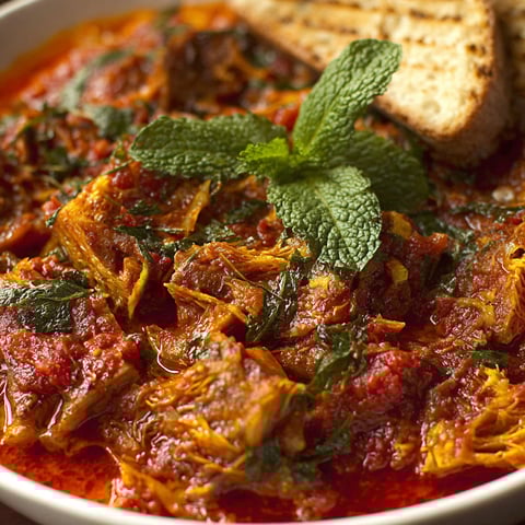 A bowl of food with a green leaf on top.