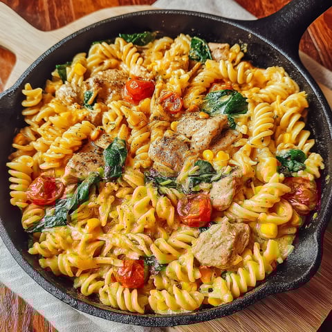 A one pot pasta dish with meat and vegetables.