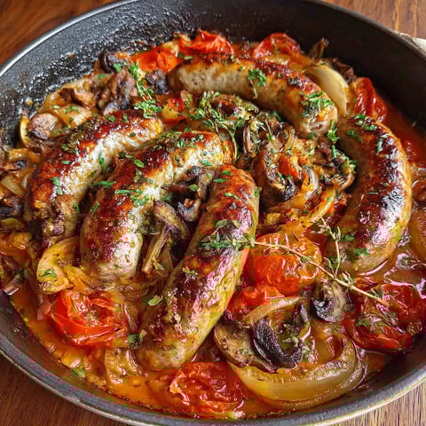 A delicious sausage and potato dish.
