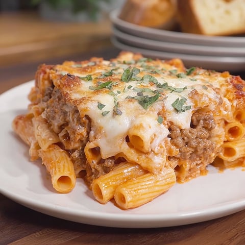 A plate of creamy baked ziti.