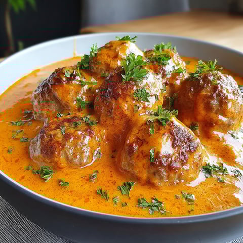 A plate of meatballs in a creamy tomato sauce.